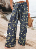 Fashionable Floral Art Printed Elastic Waist Drawstring Pocket Trousers