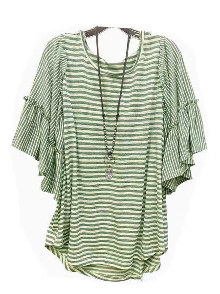 Women's Summer Round Neck Striped Stitching T-shirt Short Sleeve Top