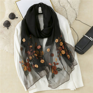 Wool Embroidery Begonia Scarf Long