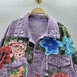 Design Sense Heavy Industry Three-dimensional Flower Short Frayed Hem Casual Denim Coat