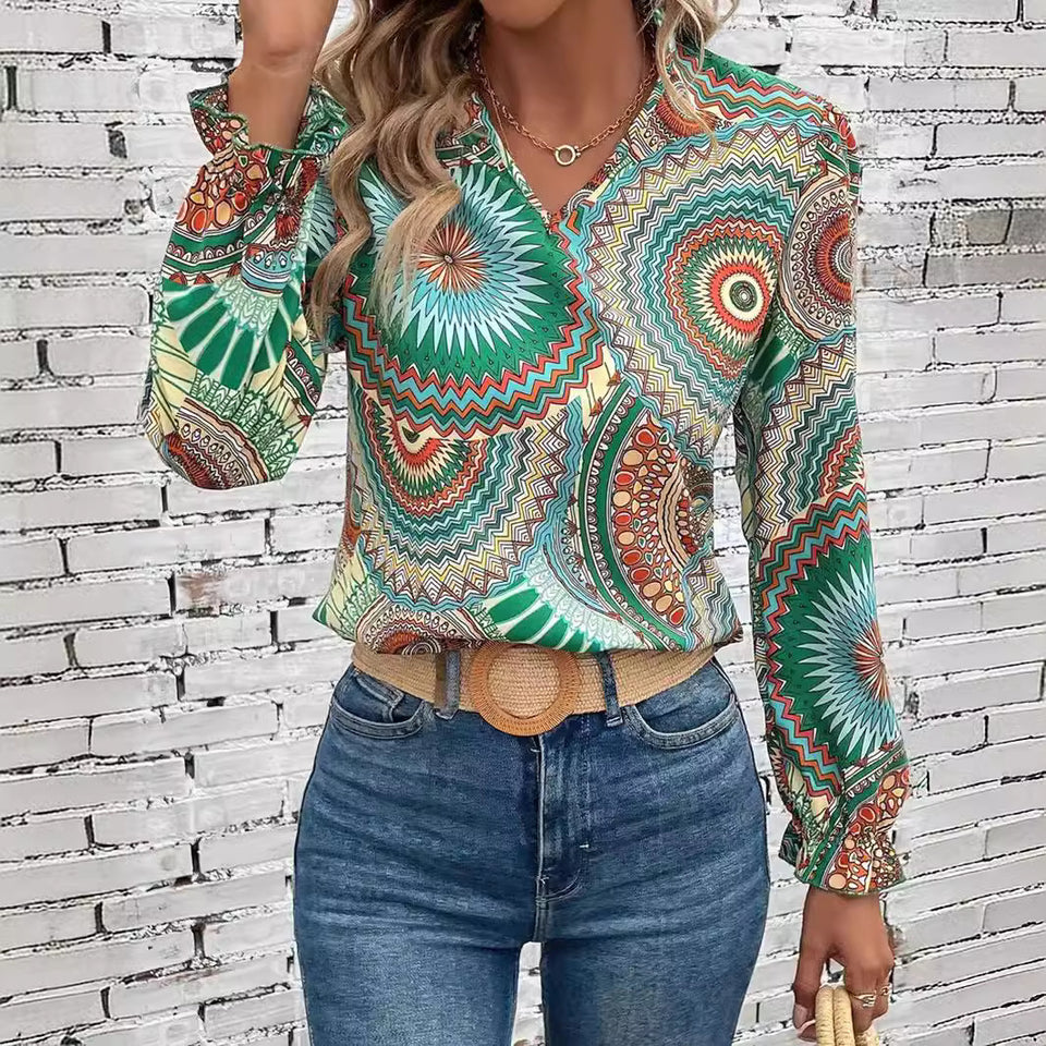 Printed V-neck Pullover Leisure Shirt Top For Women