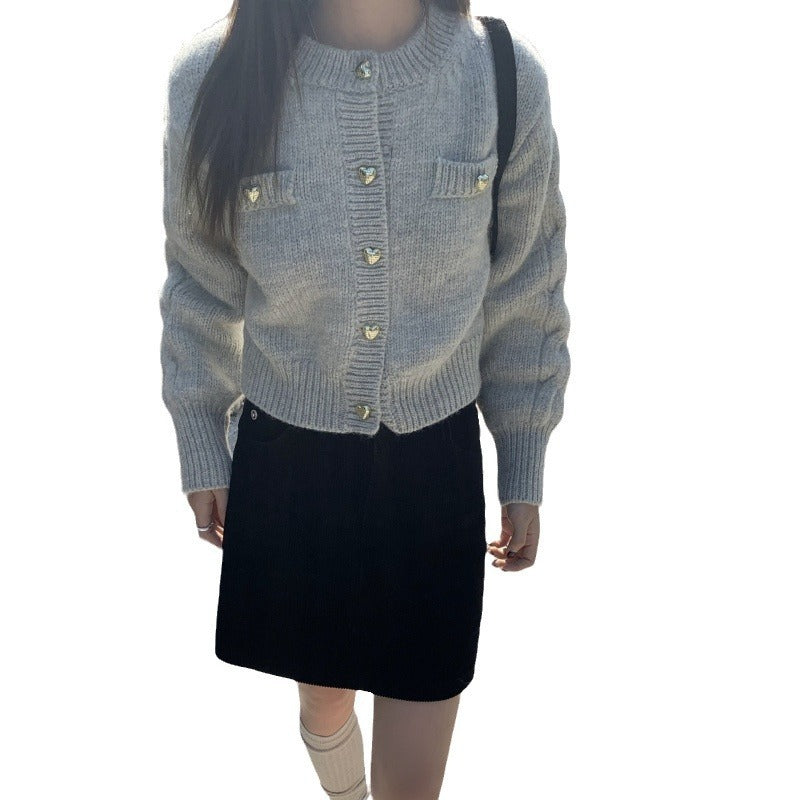 Heart Buckle Cable-knit Sweater Coat For Women Autumn