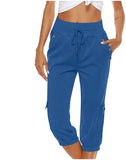 Women's Cropped Pants Cotton Linen Cargo Pocket Casual Pants