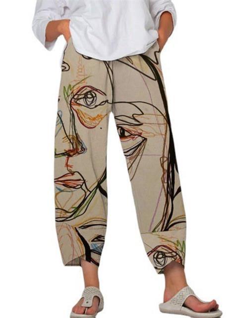 High Waist Gray Trousers Printed Stitching Loose Cropped Pants