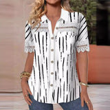 Women's V-neck Buttons Stitching Short Sleeve Casual Printed Shirt