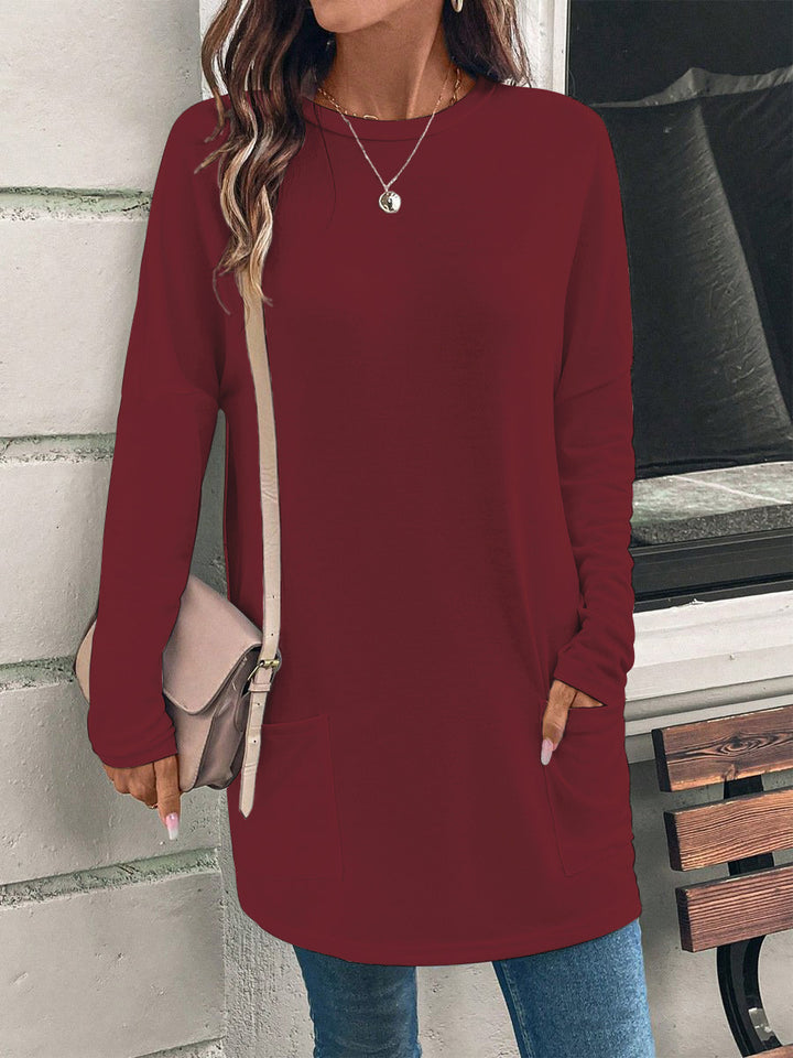 Women's Solid Color Long Sleeve Loose Round Neck Pocket Top T-shirt