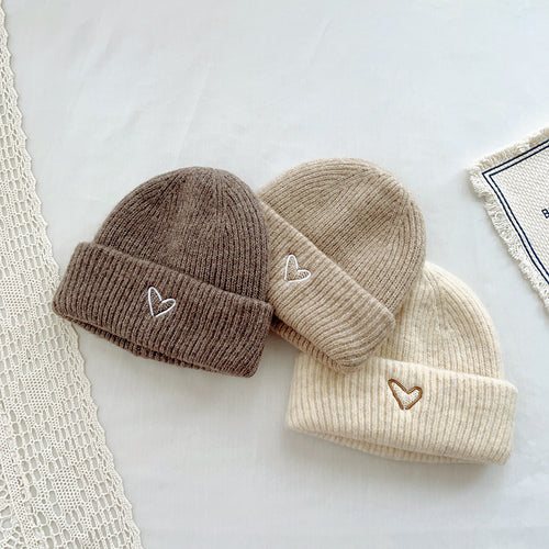 Heart Embroidery Solid Color Children Woolen Knitted Hat