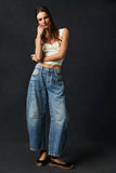 High Stretch Mid-Rise Barrel Jeans Fashion Wide Leg Shape Women Casual Baggy Mid Waist Denim Jeans