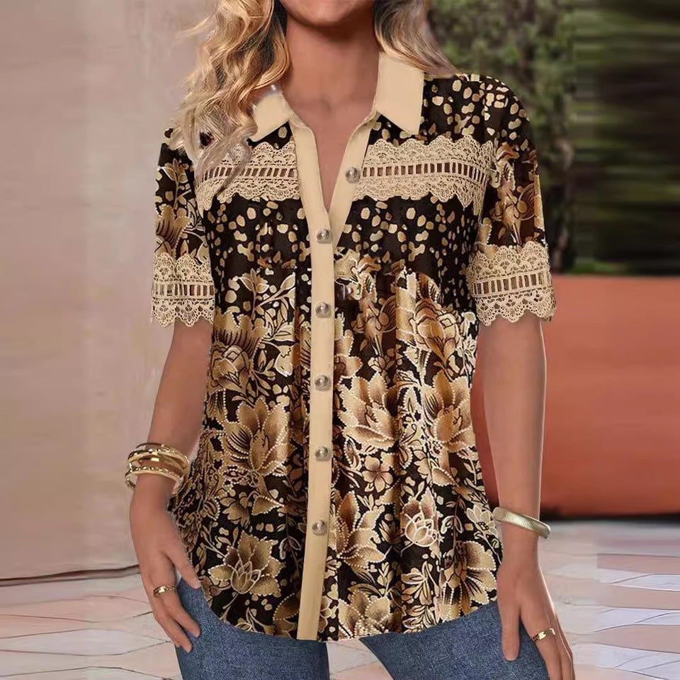 Women's V-neck Buttons Stitching Short Sleeve Casual Printed Shirt