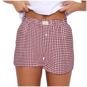 Women's Casual Plaid Cotton Arrow Pants Loose Four-corner Button Shorts