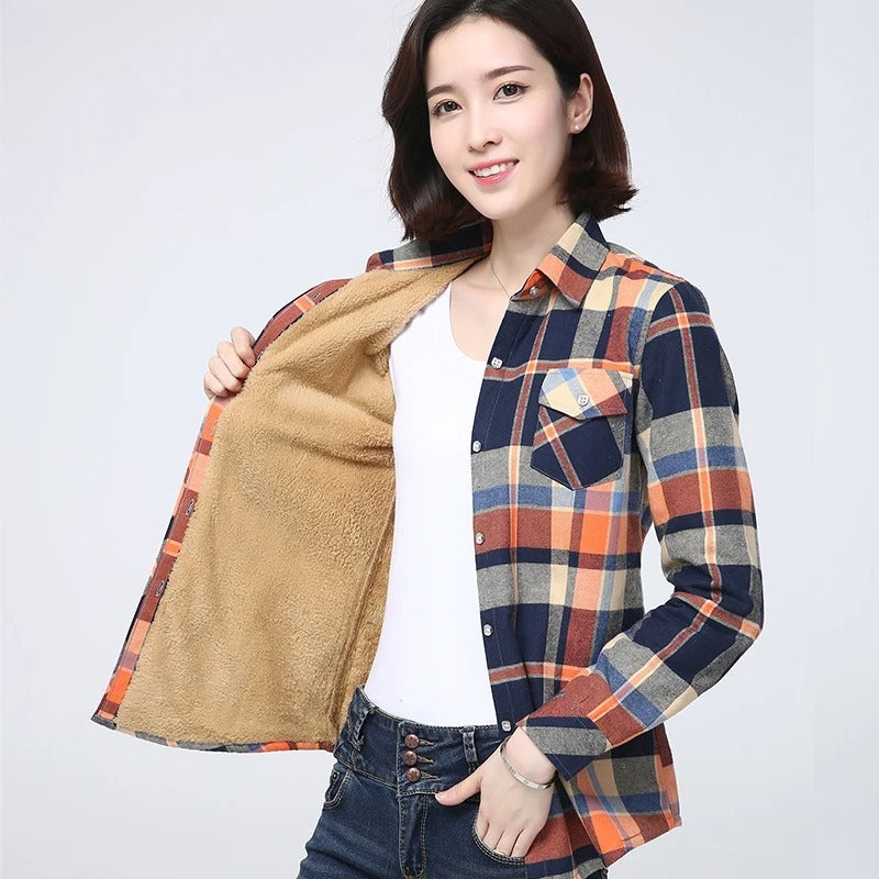 Middle-aged And Elderly Fleece-lined Thickened Cold Protection Plaid Long-sleeved Shirt