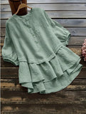 Women's Solid Color Buttons Cotton And Linen Short Sleeve Mid-length Shirt