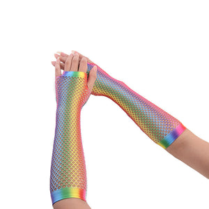 Rainbow Color Sexy Fishnet Half-finger Long Net Gloves