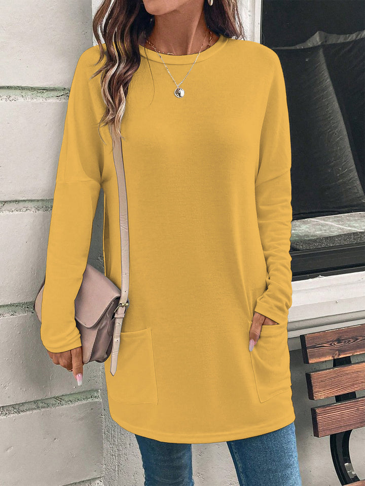 Women's Solid Color Long Sleeve Loose Round Neck Pocket Top T-shirt