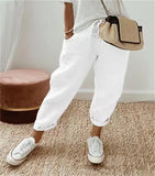 Cotton Linen Elastic-waist Cropped Pants Casual Women's Pants