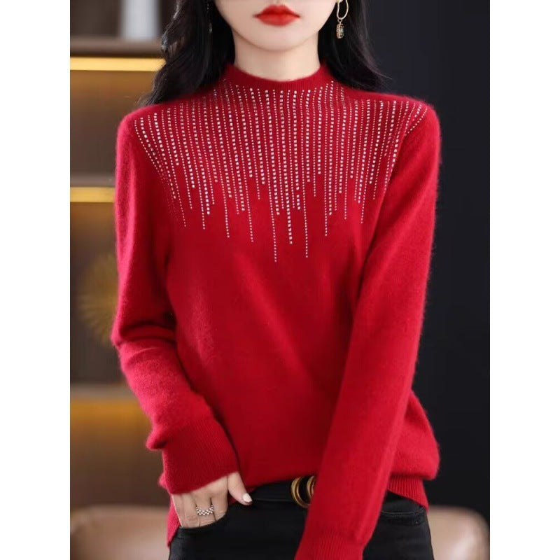 Women's Diamond-embedded Half-turtleneck Wool Sweater Bottoming Shirt