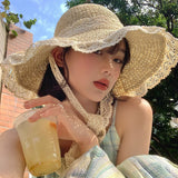 Lace String Color Woven Straw Hat Summer Versatile Outdoor Travel Beach Hat Cute Girl Ins Bucket Hat