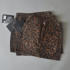 Leopard Print Denim Skirt Women's High Waist