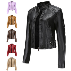 Studded Leather Women Short Jacket Long Sleeves