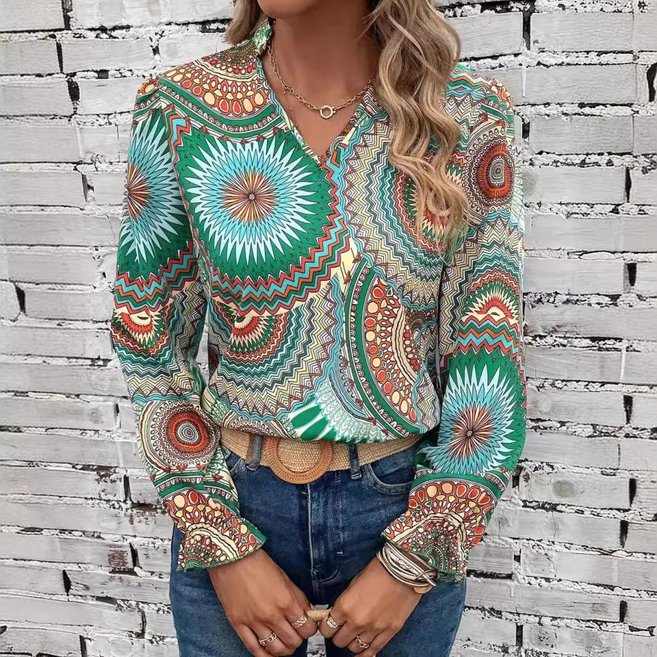 Printed V-neck Pullover Leisure Shirt Top For Women