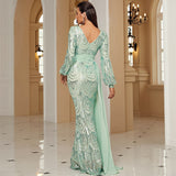 Long Sleeve Sexy Long Sequined V-neck Banquet Ribbon Evening Dress