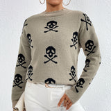 Jacquard Crewneck Pullover Knitted Sweaters For Women Casual Skull Halloween Sweater Autumn And Winter Tops