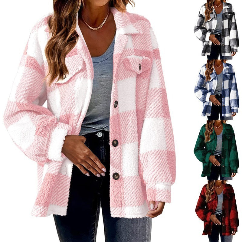 Turndown Collar Plaid Jacket With Pockets Single Breasted Button Down Woolen Jacket Autumn And Winter Clothes For Women