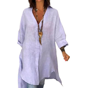 Summer Women's Casual Cotton Linen Slit Loose Shirt Dress