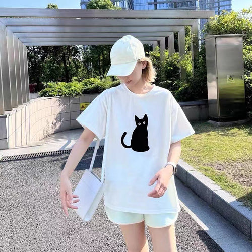 Black Cat Loose Short-sleeved T-shirt Women's Top