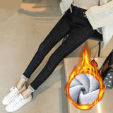 Women Thermal Jeans Winter Snow Warm Plush Stretch Jeans Lady Skinny Thicken Fleece Denim Long Pants Retro Blue Pencil Trousers