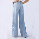 Women's Straight Trousers Embroidered Side Frayed Butterfly Jeans Street Design Hot Girl Baggy Pants