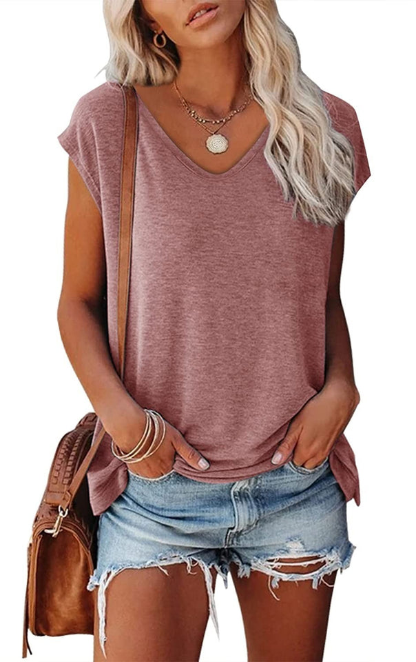 Women's Cap Sleeve V-neck Solid Color Casual Loose-fitting T-shirt