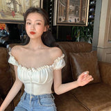 Women's Fashion Chic Collarbone Off-shoulder Design Drawstring Short Sleeve