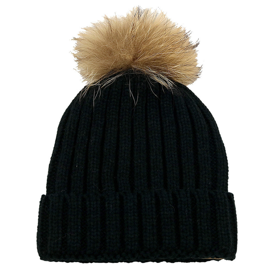 Fur Ball Knitted Hat Warm And Thick Woolen Cap