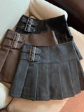 Women's American-style Vintage Brown PU Leather Pleated Skirt