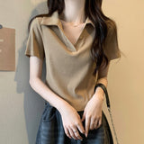 Slim-fit Solid Color Base Curved Hem Collar Simple Top
