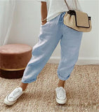 Cotton Linen Elastic-waist Cropped Pants Casual Women's Pants