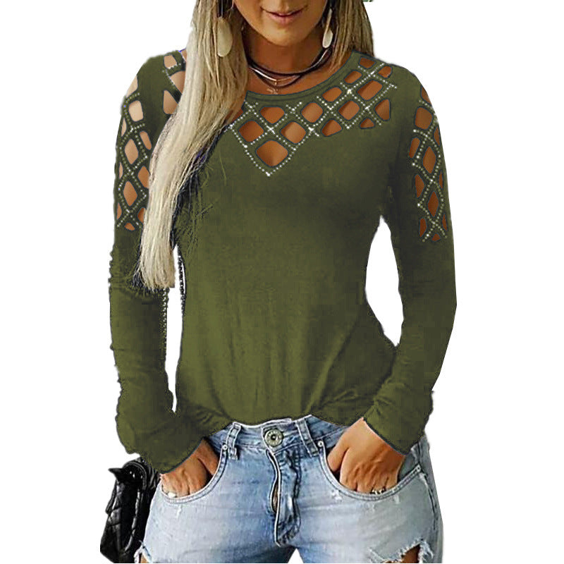 Hollow-out Rhinestone Long-sleeved T-shirt Top For Women