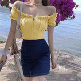 Women's Fashion Chic Collarbone Off-shoulder Design Drawstring Short Sleeve