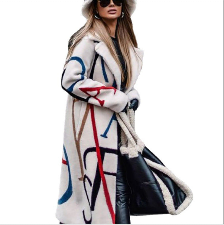 Women's Loose Large Size Printed Windbreaker Lapel Coat Coat