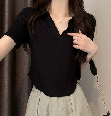 Slim-fit Solid Color Base Curved Hem Collar Simple Top