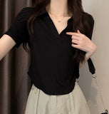 Slim-fit Solid Color Base Curved Hem Collar Simple Top