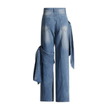 Women's Washed Distressed Stitching Bow Wide Leg Jeans