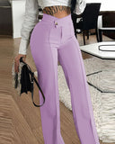 Slim Straight-leg Pants With Buckle Fashion Solid Color Trousers For Womens Clothing