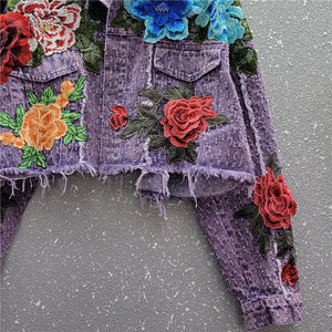 Design Sense Heavy Industry Three-dimensional Flower Short Frayed Hem Casual Denim Coat