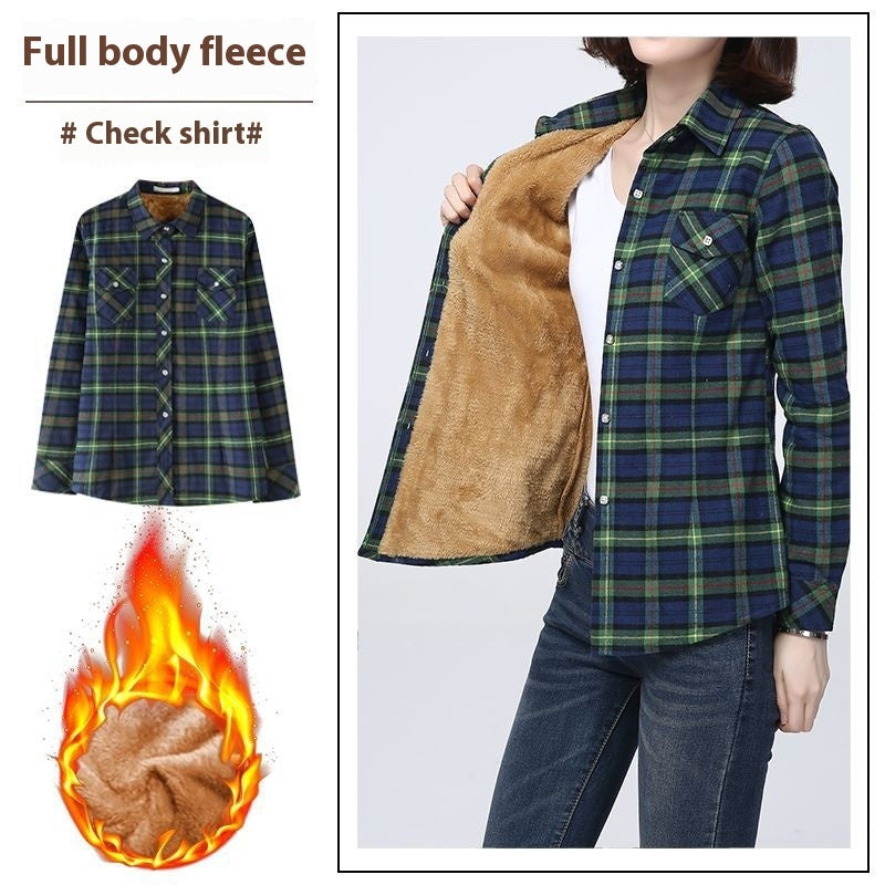 Middle-aged And Elderly Fleece-lined Thickened Cold Protection Plaid Long-sleeved Shirt