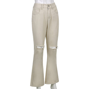 Casual Wide-leg Pants Ripped High-waist Denim Trousers