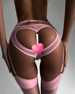 Pink Breast-exposed Hip Sexy Lingerie Three-piece Set New Hollow-out Beautiful Style Hip-exposed Hot