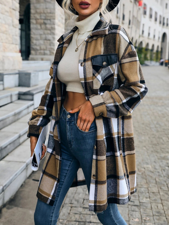 Women's Fashion Casual Plaid Printed Pocket Long Jacket