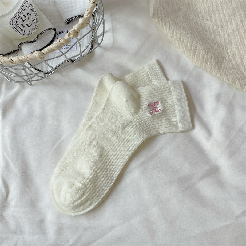 Bow Embroidered Short Thin Socks